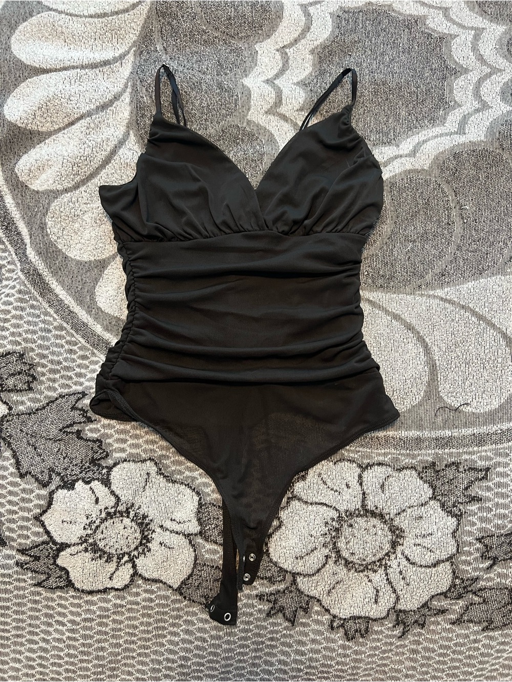 Dynamite Black Ruched Bodysuit with Spaghetti Straps